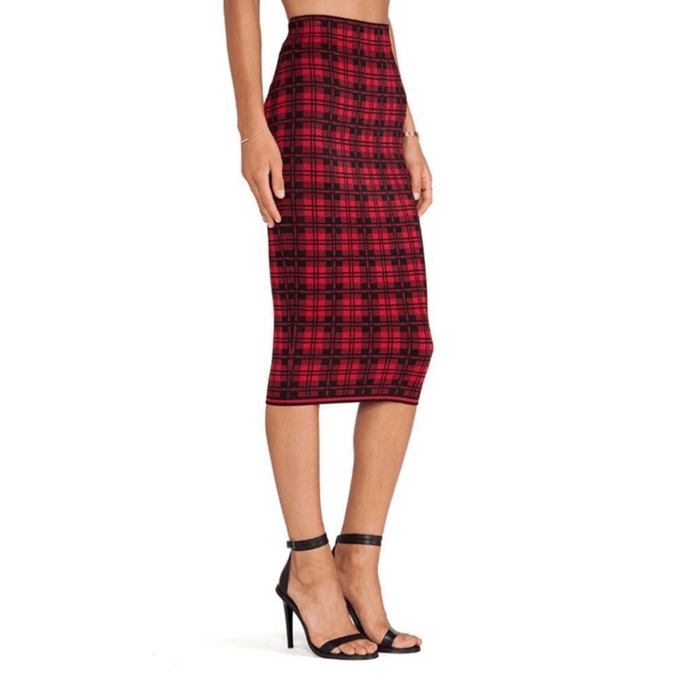 Ronny Kobo Red & Black Plaid Pencil Skirt Stretchy Knit Tartan Dark Academia